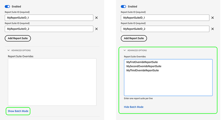 Screenshot der Datenstrom-Benutzeroberfläche mit den Einstellungen des Adobe Analytics-Dienstes, wobei die Report Suite-Überschreibungen hervorgehoben sind.