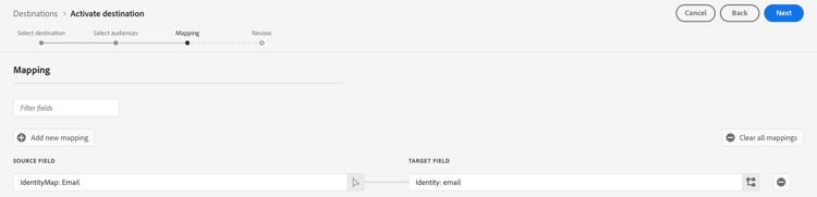 Zuordnungsschritt, der den IdentityMap-E-Mail-Namespace anzeigt, der dem E-Mail-Zielfeld zugeordnet ist.
