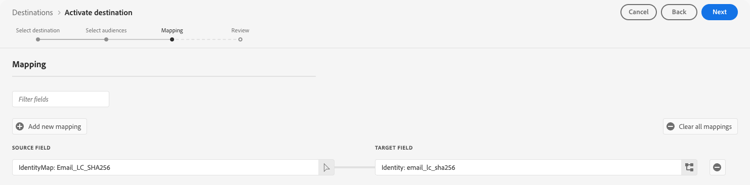 Zuordnungsschritt, der den IdentityMap Email LC SHA256-Namespace anzeigt, der dem E-Mail-LC sha256-Zielfeld zugeordnet ist.