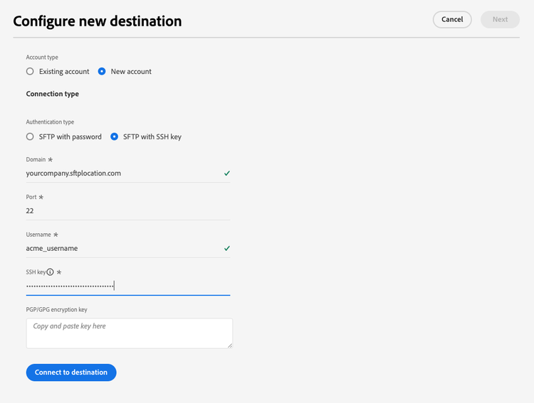 SSH-Schlüsselauthentifizierung für SFTP-Ziel.