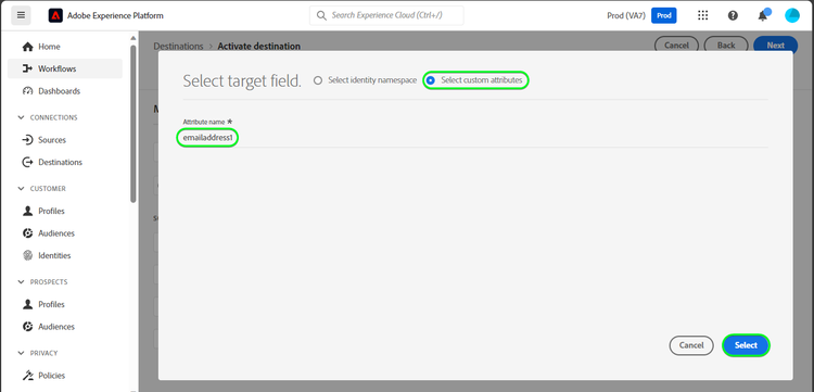 Screenshot der Platform-Benutzeroberfläche mit der Zielgruppen-Zuordnung für E-Mails.