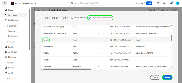 Screenshot der Platform-Benutzeroberfläche, in dem E-Mail als Quellattribut ausgewählt wird, das als Identität zugeordnet werden soll.