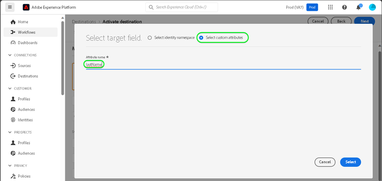 Screenshot der Platform-Benutzeroberfläche, in dem lastName als Zielattribut definiert ist.