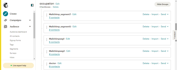 Mailchimp UI-Screenshot mit den Zielgruppen-Kategorien.