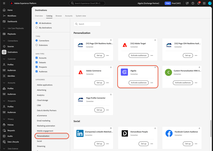 Der Zielkatalog mit dem Algolia-Ziel.