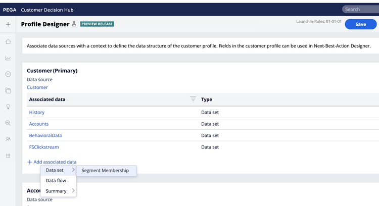 Bild des UI-Bildschirms, auf dem Sie Adobe Audience Membership-Daten mithilfe von Customer Profile Designer mit Kunden verknüpfen können