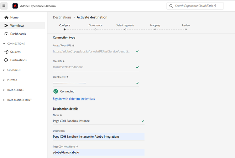 Bild des UI-Bildschirms mit ausgefüllten Feldern für die Pega CDH-Zieldetails