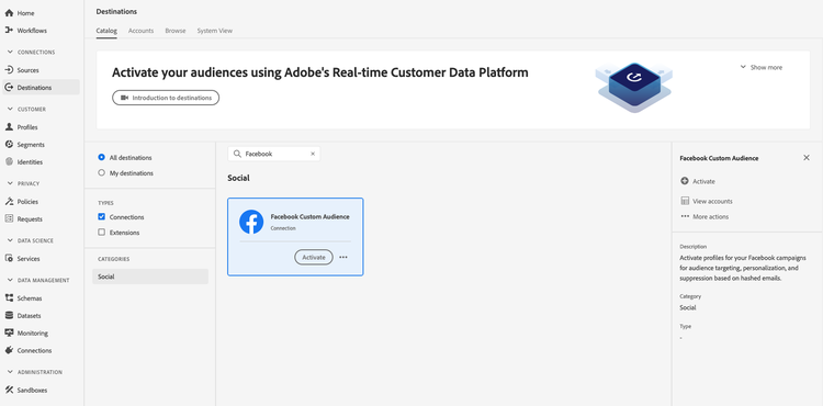 Facebook-Ziel in der Adobe Experience Platform-Benutzeroberfläche.