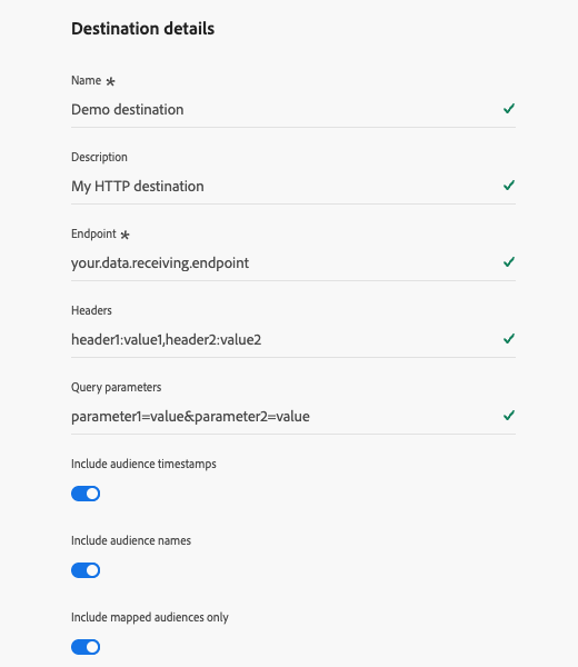 Der Bildschirm mit den HTTP-API-Zieldetails mit ausgefüllten Feldern.