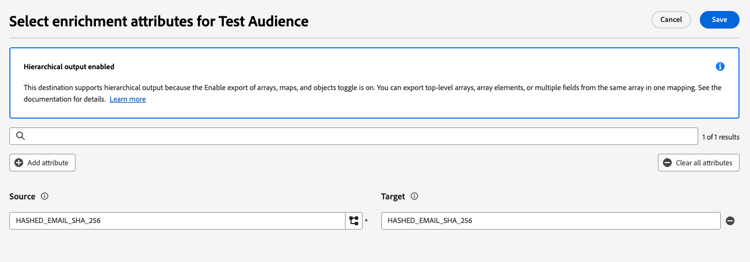 Das Dialogfeld Anreicherungsattribute auswählen mit dem Banner Arrays und komplexe Objekte exportieren und der zweispaltigen Source- und Zielzuordnungsschnittstelle.