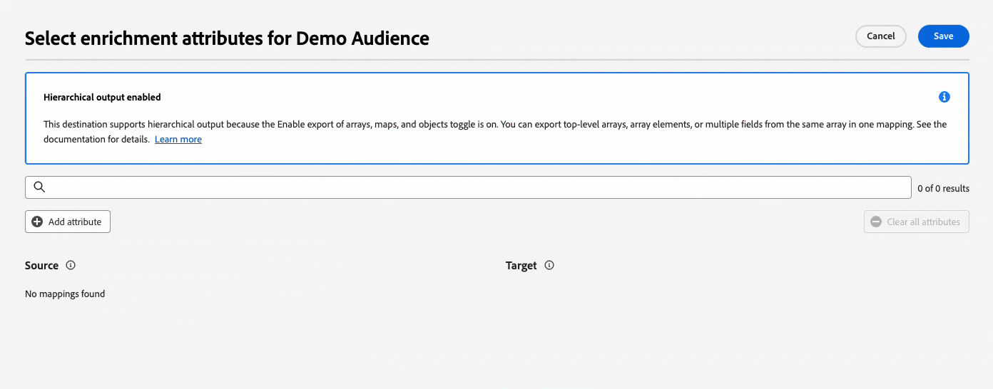 Aufzeichnung, die zeigt, wie ein Array-Attribut nach Namen ausgewählt wird, um das gesamte Array im Dialogfeld „Anreicherungsattribute“ zu exportieren.