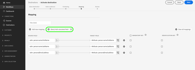 Fügen Sie ein berechnetes Feld hinzu, das im Zuordnungsschritt des Batch-Aktivierungs-Workflows hervorgehoben ist.