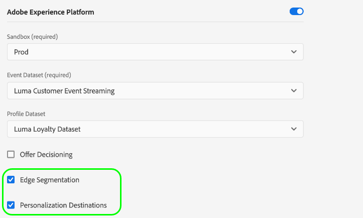 Datastream-Konfiguration mit hervorgehobenen Edge-Segmentierungs- und Personalisierungszielen!