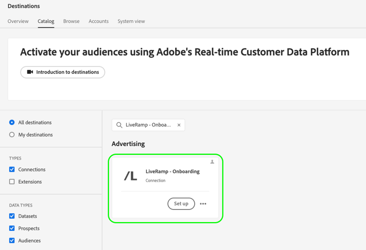 Experience Platform UI-Bild mit LiveRamp - Onboarding-Zielkarte