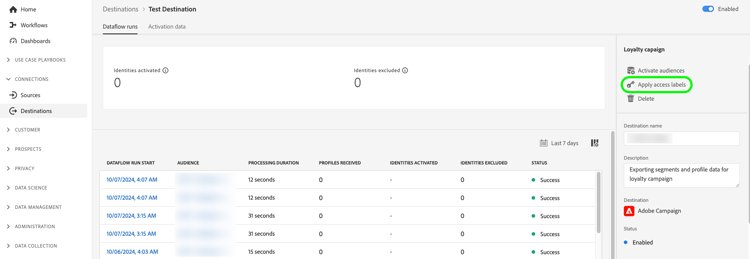 Bild der Experience Platform-Benutzeroberfläche mit der Option zur Ausführung des Datenflusses für Datensätze exportieren.