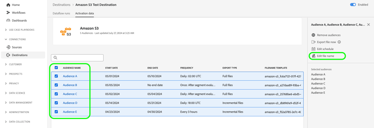 Aktivierungsdatenbildschirm, der die Option zum Bearbeiten von Dateinamen für mehrere Zielgruppen hervorhebt.