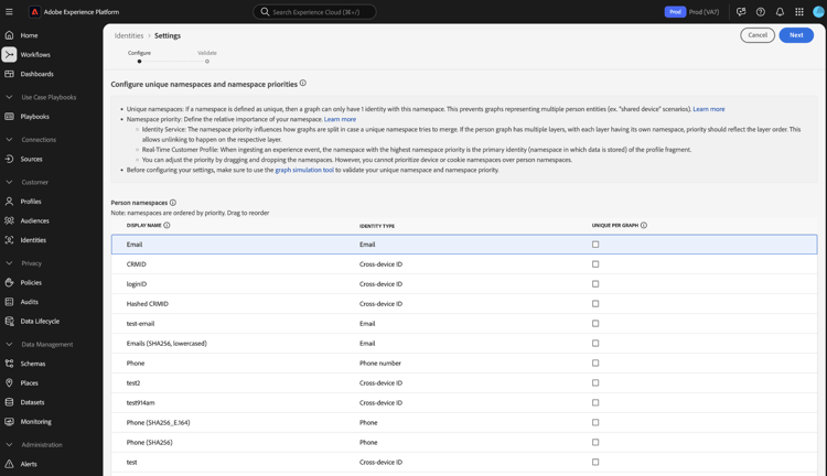 Der Arbeitsbereich „Identitätseinstellungen“ mit hervorgehobenem Namespace für Personen.