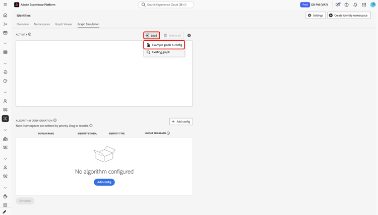 Load-Steuerung zum Öffnen von Optionen, einschließlich des Ladens eines integrierten Beispielszenarios mit voreingestellten Aktivitäten und Algorithmus.