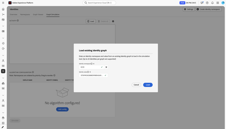 Identifizieren Sie ein vorhandenes Diagrammdialogfeld mit Feldern, um einen Namespace und einen Identitätswert einzugeben, der zu dem Diagramm gehört, das Sie laden möchten.