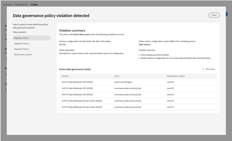Ein Popup mit Informationen zur Richtlinienverletzung
