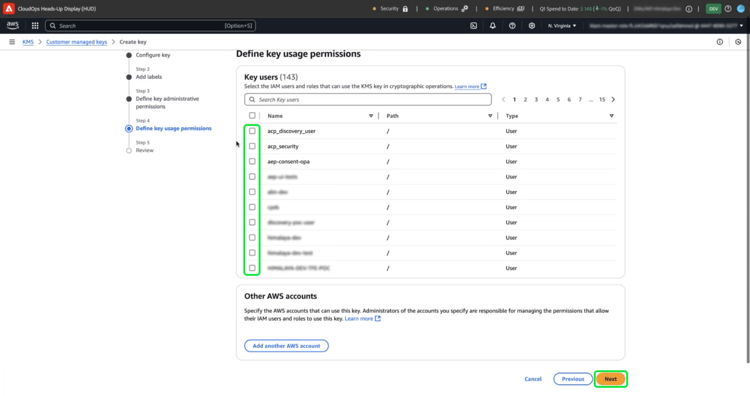 Die Phase „Definieren der wichtigsten Nutzungsberechtigungen“ des Workflows, mit hervorgehobenen Kontrollkästchen und „Weiter“.