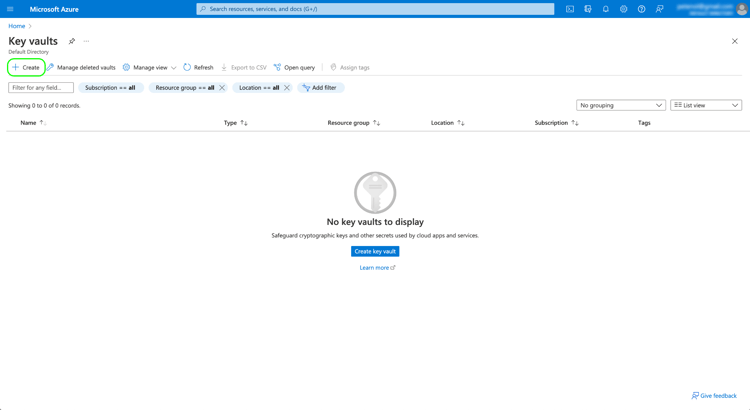 Das Key vaults-Dashboard in Microsoft Azure mit hervorgehobener Create.