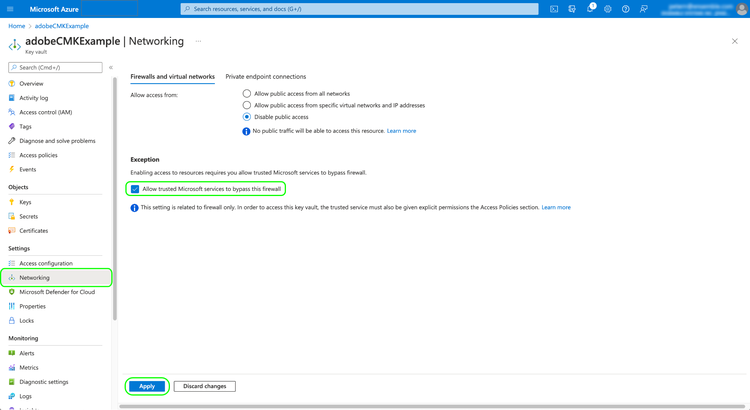 Die Networking Tab von Microsoft Azure mit Networking und Allow trusted Microsoft surfaces to bypass this firewall Ausnahmefehler hervorgehoben.