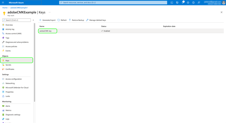 Das Microsoft Azure-Dashboard mit dem Objekt Keys und dem Schlüsselnamen hervorgehoben.