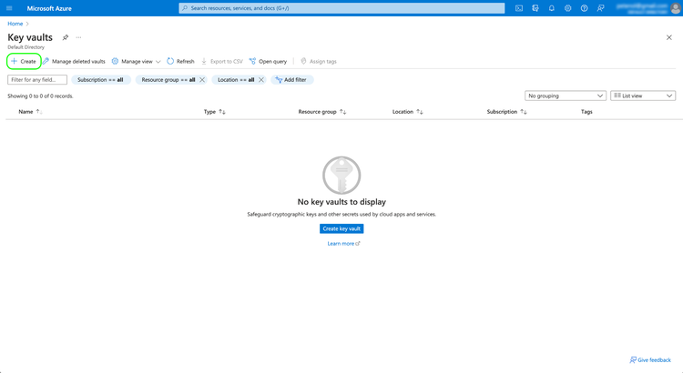 Die Key vaults Dashboard in Microsoft Azure mit Create hervorgehoben.