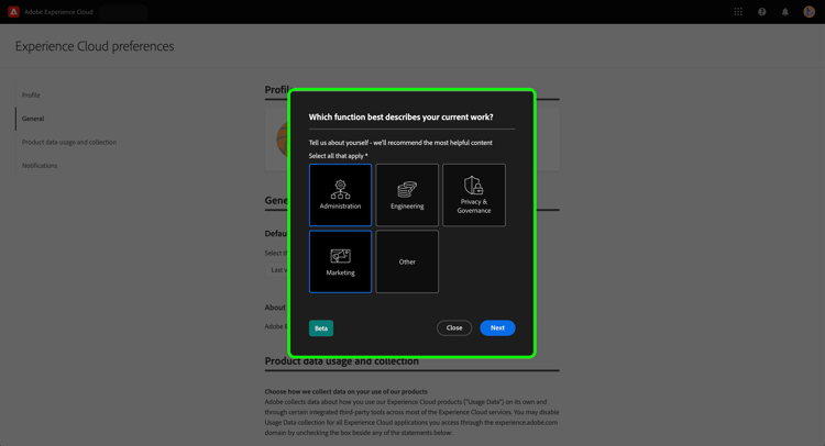 Auf der Seite mit den Profilvoreinstellungen der Experience Platform-Benutzeroberfläche wird die Umfrage zur Selbstidentifizierung angezeigt, damit Benutzende ihr persönliches Profil aktualisieren können.