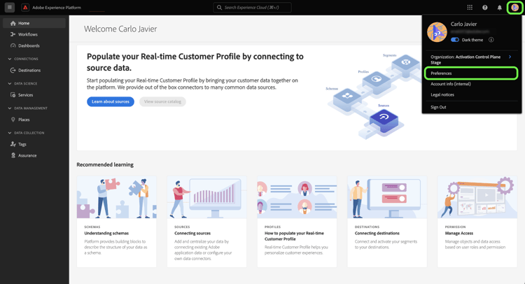 Die Startseite der Experience Platform-Benutzeroberfläche mit dem Profilsymbol und der ausgewählten Schaltfläche für Voreinstellungen.