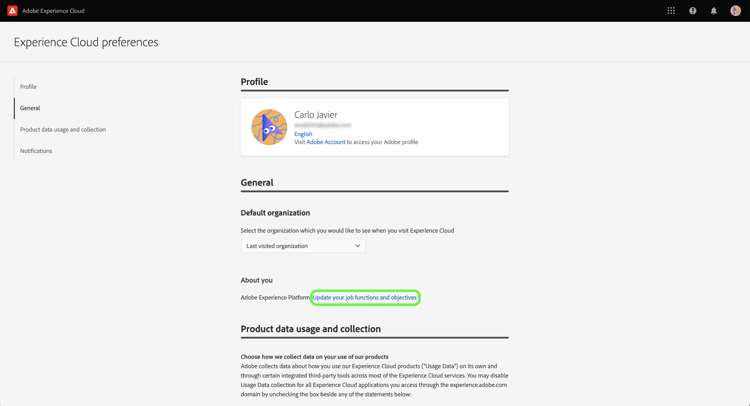 Der Abschnitt „Allgemein“ der Seite mit den Profileinstellungen der Experience Platform-Benutzeroberfläche