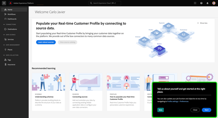 Startseite der Experience Platform-Benutzeroberfläche mit der Popup-Meldung, die Sie auffordert, die Umfrage zur Selbstidentifizierung zu starten.