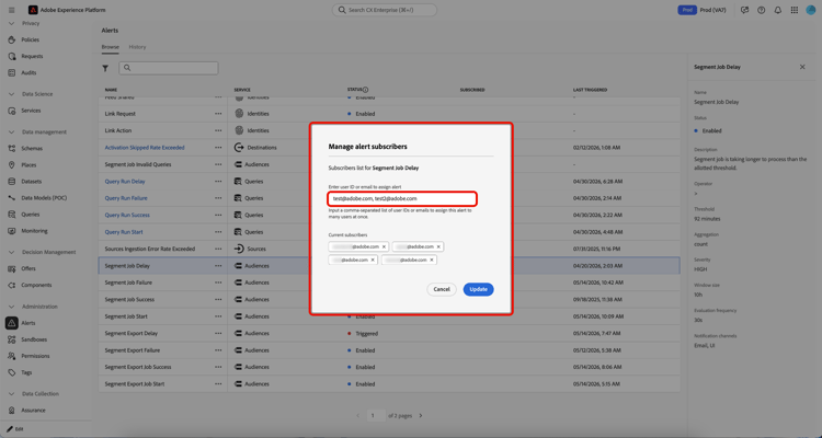 Die Seite „Warnhinweis-Abonnenten verwalten“ mit den eingegebenen E-Mail-Adressen.