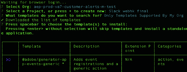 Terminal mit Organisations- und Projektauswahl und nur von „Meine Organisation“ unterstützte Vorlagen.