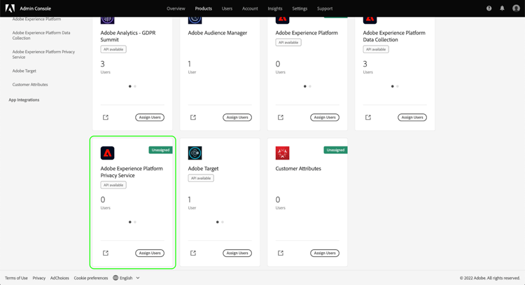 Die Admin Console mit der Privacy Service-Produktkarte ist hervorgehoben.