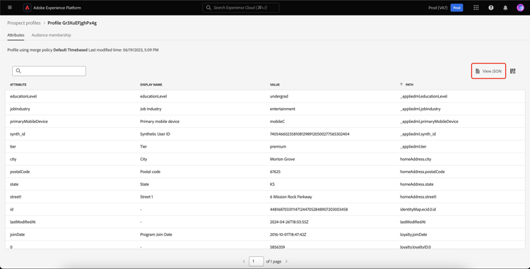 Die Schaltfläche JSON anzeigen ist auf der Seite mit den Profildetails für Interessenten hervorgehoben.
