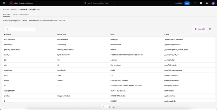 Die Schaltfläche JSON anzeigen wird auf der Seite mit den potenziellen Profildetails hervorgehoben.