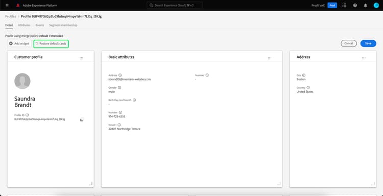 Die Schaltfläche Standardkarten wiederherstellen wird im Profil-Dashboard hervorgehoben.