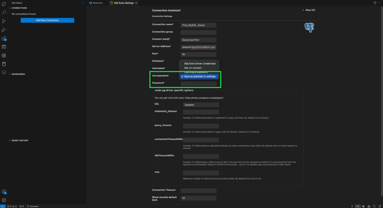 Das Passwort verwenden, sein Dropdown-Menü und das hervorgehobene Feld „Passwort“.