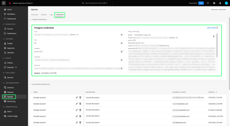 Auf der Seite Anmeldeinformationenim Arbeitsbereich Experience Platform-Abfragenwerden Anmeldeinformationen und ablaufende Anmeldeinformationen hervorgehoben.