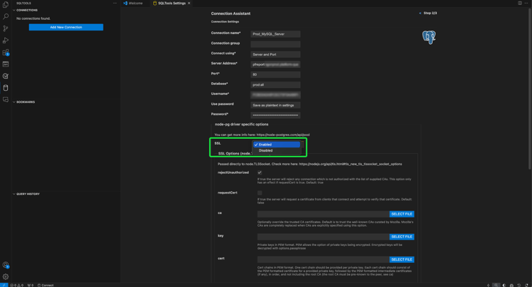 Das SSL-Feld mit Aktiviert im Dropdown-Menü ist hervorgehoben.