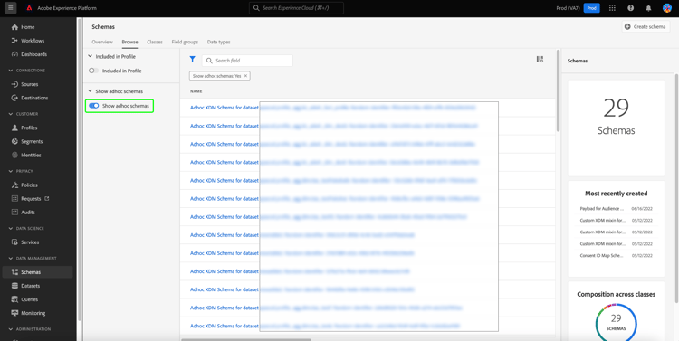 Die Schema-Dashboard-Filteroptionen in der linken Leiste mit aktiviertem Umschalter Ad-hoc-Schema anzeigen