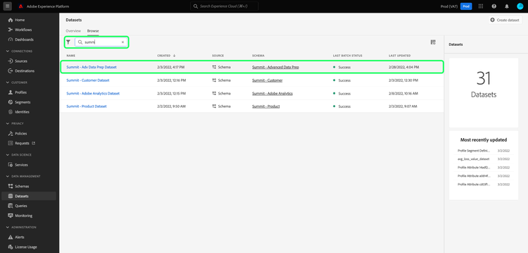 Das Dashboard „Datensätze“ in der Platform-Benutzeroberfläche mit Suchleiste und hervorgehobenem Datensatz.