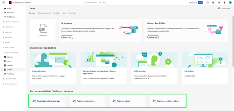 Der Arbeitsbereich „Abfrage-Service“ mit hervorgehobenem Abschnitt „Data Distiller Accelerators“.