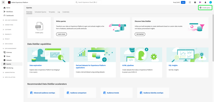 Das Abfrage-Dashboard mit hervorgehobener Option „Abfrage erstellen“.