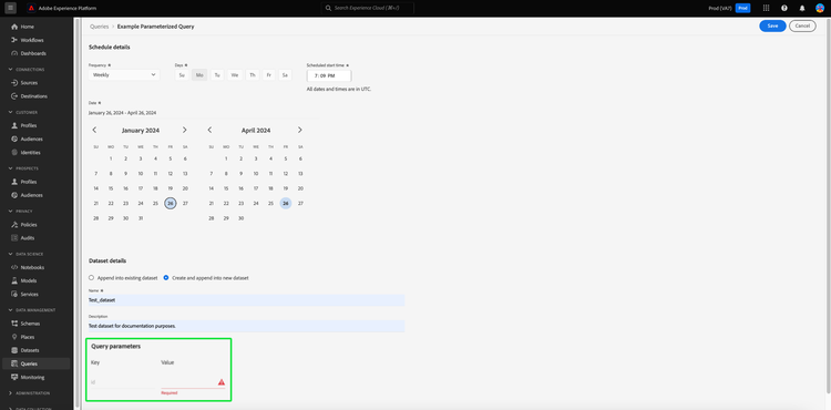 Der Abschnitt Details planendes Workflows zur Planerstellung mit dem Abschnitt Abfrageparameter ist hervorgehoben.