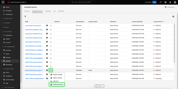 Die Registerkarte Geplante Abfragenmit den Auslassungspunkten und Quarantäne aktivierenwurde im Dropdown-Menü für Inline-Aktionen hervorgehoben.