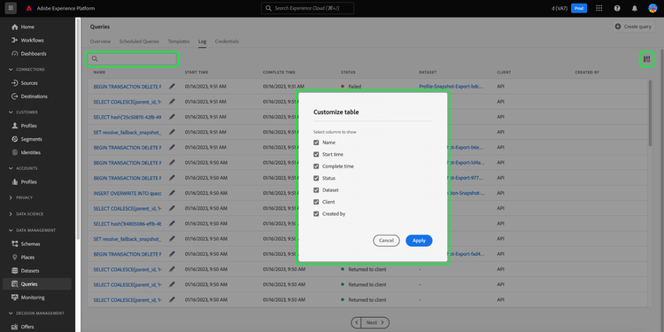 Der Arbeitsbereich Abfrageprotokollmit der Dropdown-Liste Suchleiste und Spaltentabelle verwaltenwurde hervorgehoben.