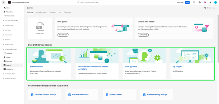 Der Arbeitsbereich „Abfrage-Service“ mit hervorgehobenem Abschnitt zu den Funktionen von Data Distiller.